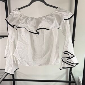 Zara White Off-Shoulder Ruffle Top with Black Trim